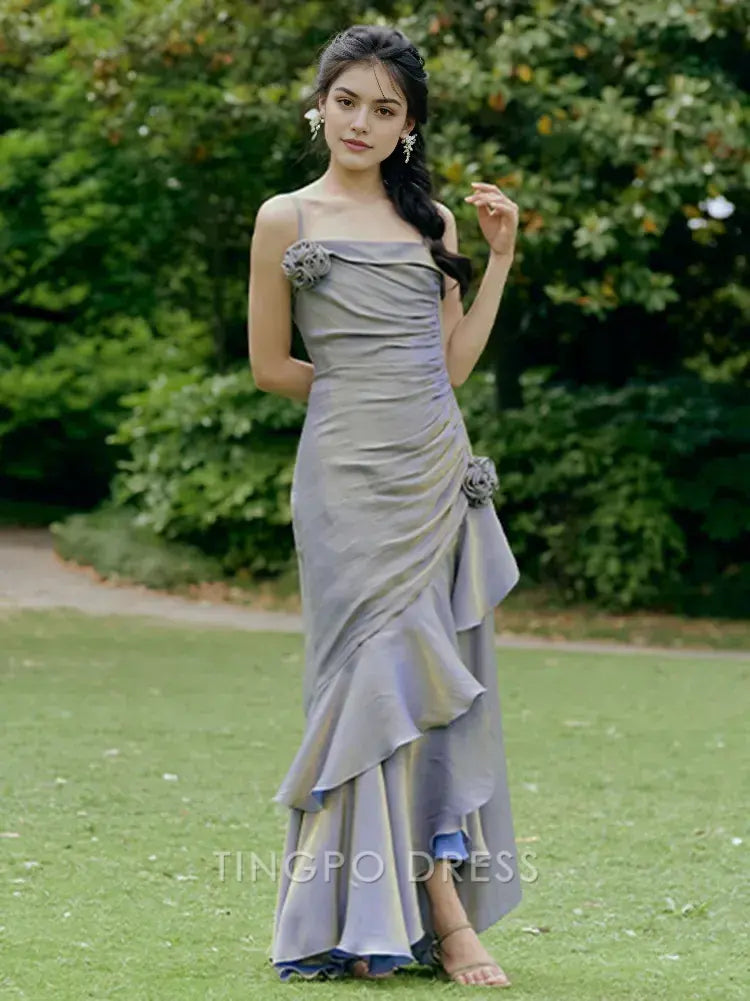 TingPo Wholesale Elegant Purple Floral Mermaid Skirt Flounce Hem Summer Cami Dress